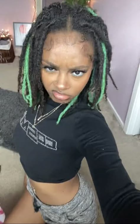 Dyed Dreads Women, Colorful Dreads Black Women, Locs Hairstyles Dyed, Green And Black Locs, Dyed Dreadlocks Black Women, Dyed Dreads Black Women, Green Locs Black Women, Locs Dyed, Skunk Stripe Locs