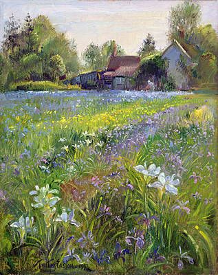 Cottage Painting, Summer Painting, Cottage Art, Picture Frame Art, Garden Painting, Lake Wall Art, Wow Art, Irises, Unframed Art