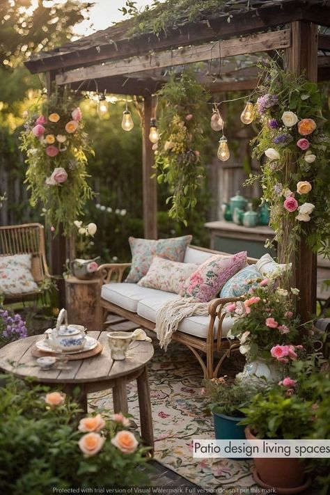 Cottagecore Patio, Enchanted Backyard, Whimsical Patio, Garden Fairy Lights, Chic Boho Living Room, Whimsical Backyard, Whimsical Garden Party, Shabby Chic Patio, Magical Tea