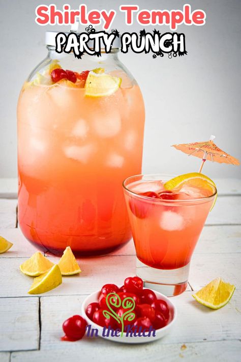 Shirley Temple Punch - In the Kitch Shirley Temple Punch, Party Punch Alcohol, Party Tips And Tricks, Shirley Temple Drink, Fun Party Drinks, Youth Groups, Non Alcoholic Cocktails, Cast Iron Skillet Recipes, Alcoholic Cocktails