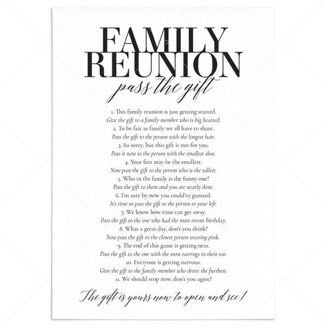 Left Right Game For Family Reunion, Pass The Gift Game Family Reunion, Planning Family Reunion, Pass The Gift Game Funny, Family Reunion Ideas Themes, Family Reunion Ideas Organizing, Reunion Activities, Family Reunion Keepsakes, Pass The Gift Game