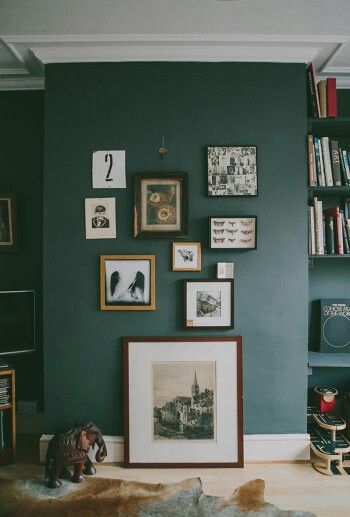 Interior color palatte with forest green walls.  White, cream,  + wood.  Lovely paint color to go along with all the wood in the cabin.  Looks a lot like Farrow & Ball Studio Green. Emerald Green Living Room Walls, Emerald Green Living Room, Green Walls Living Room, Dark Green Living Room, Dark Green Walls, Green Walls, Living Room Green, Green Rooms, Living Room Diy