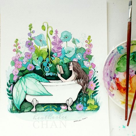 Mermaid Watercolor Painting for My Sister - HEATHERLEE CHAN Bathtub Watercolor, Painting Bathtub, Art Vampire, Dengeki Daisy, Sisters Art, Mermaid Fairy, Real Mermaids, Samurai Tattoo, Mermaids And Mermen