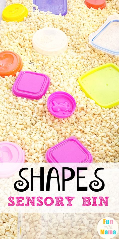 EASY SHAPES SENSORY BIN and shapes sensory table ideas using cereal rice krispies. Shapes Science Preschool, Color And Shapes Infant Activities, Table Top Activities For Preschoolers, Shapes Sensory Bin, Shape Sensory Bin, Spiders Art, Easy Sensory Bin, Preschool Shapes, Shapes Activity