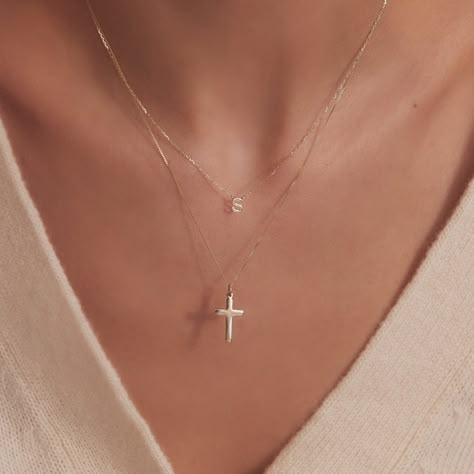 Our solid gold miniature letter and cross necklace make the perfect pairing 🫶🏼 Cross Necklace Layering, Cross Necklace Aesthetic, Cross Necklace Layered, White Gold Cross Necklace, Random Gift Ideas, The Clean Look, Mary Necklace, Virgin Mary Necklace, Pearl Bracelet Gold