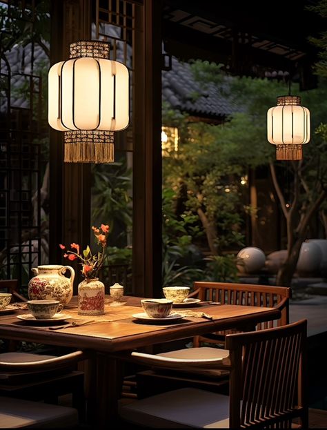 Asian Tea Room, Japanese Tea House Aesthetic, Traditional Japanese Room Aesthetic, Chinese Traditional Aesthetic, Chinese Lanterns Aesthetic, Japan Architecture Traditional, Tea House Aesthetic, Chinese Decor Asian Interior, Traditional Chinese House Interior