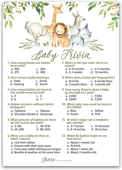 Safari Shower Ideas, Baby Trivia Game, Jungle Theme Baby Shower, Wild Baby Shower, Safari Baby Shower Boy, Animal Baby Shower Games, Baby Trivia, Jungle Safari Baby Shower, Baby Shower Safari Theme