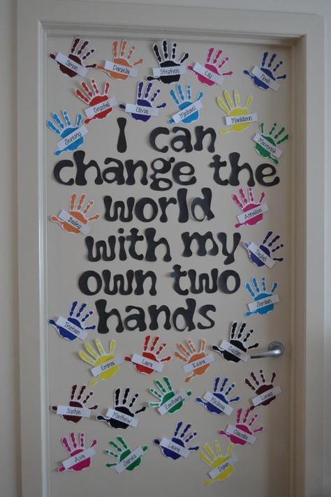 Hand Print Quotes, Hands Bulletin Board Ideas, Handprint Bulletin Board Ideas, Twos Classroom Door Ideas, Change Is All Around Theme Infants, September Door Decorations, Toddler Classroom Door Ideas, September Door Decorations Classroom, Easy Classroom Door Ideas