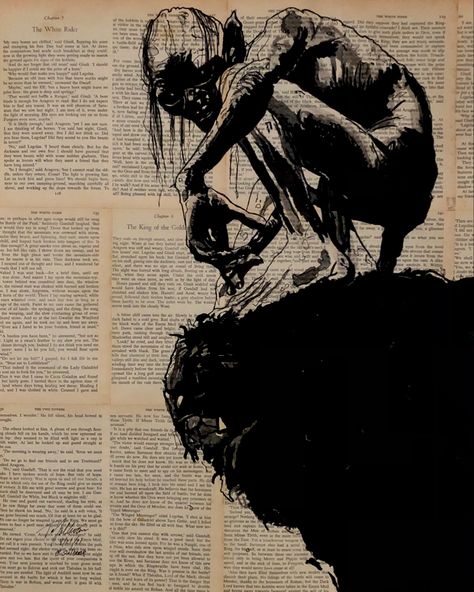 #gollum #smeagol on vintage #lotr book pages #sulbone #art #artist #draw #drawing #sketch #illustration #instaart #artwork #paint #painting #portrait #creative #inkwash #artoftheday #artsy #photooftheday #instaartist #artistsoninstagram #vintage #fineart #ink #artlife #instagood Gollum Aesthetic, Gollum Art, Gollum Smeagol, Portrait Creative, Lotr Art, Ink Wash, Sketch Illustration, Painting Portrait, Paint Painting