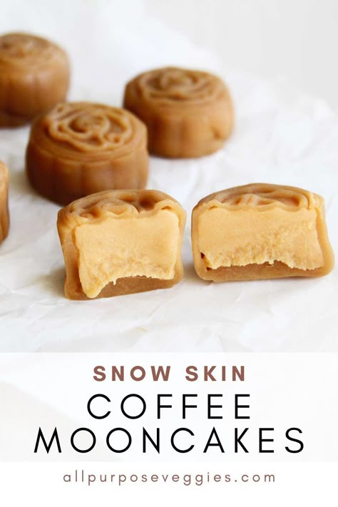 Vegan Snowskin Mooncake, Easy Moon Cake Recipe, Snowskin Mooncake Filling, Snow Skin Mooncakes, Baked Mooncake Recipe, Gluten Free Moon Cakes, Coffee Flavored Desserts, Moon Cake Recipe, Monin Recipes