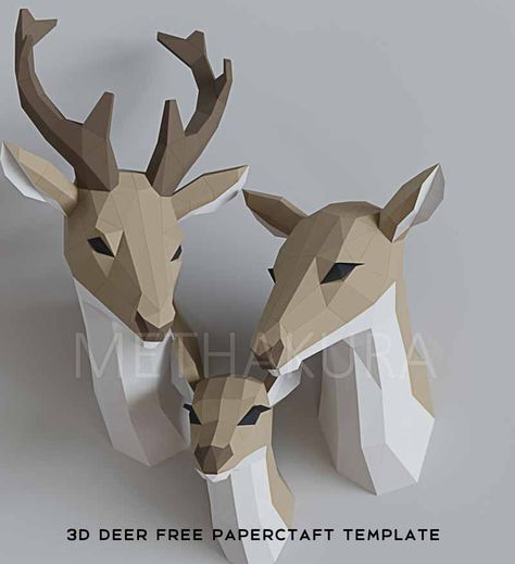 Introducing 3d Deer family DIY papercraft. Two deers in one file, 1 small deer in 1 separate file. 600 mm height if printed on A4 paper format. Made by methacura. For personal use.Free for download Papercraft Templates Printables, 3d Templates, Small Deer, Paper Flower Arrangements, Animal Templates, 3d Paper Art, Purchase Card, Deer Family, Family Diy