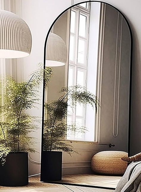 Modern Full Length Mirror In Bedroom, Wall Long Mirror, Oversized Floor Mirror Bedroom, Arch Black Mirror, Oversized Bedroom Mirror, Black Neutral Home Decor, Arched Mirror In Bedroom, Large Arch Mirror Bedroom, Big Arch Mirror In Living Room