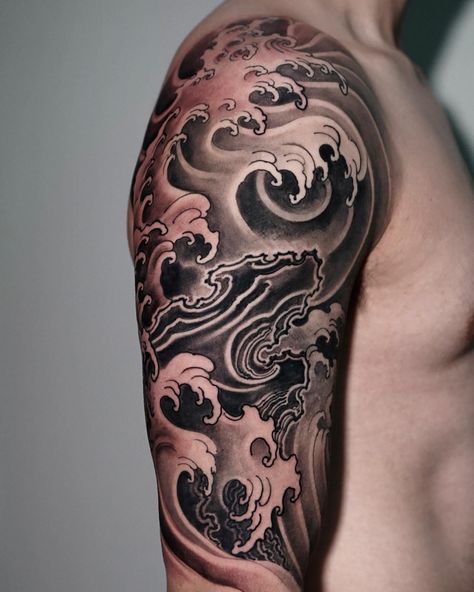 Japanese Traditional Waves Tattoo, Japanese Background Tattoo Design, Japanese Rock Tattoo, Cliffs Tattoo, Japanese Wave Tattoo, Japanese Water Tattoo, Japanese Cloud Tattoo, Cloud Tattoo Sleeve, Japanese Wave Tattoos