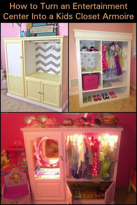 Here’s a nice idea for the kids - an old entertainment center turned into a dress up closet! Amish Bedroom, Kids Armoire, Old Entertainment Centers, Dress Up Closet, Diy Kids Furniture, Diy Entertainment, Entertainment Center Makeover, Entertainment Center Redo, Kids Room Furniture