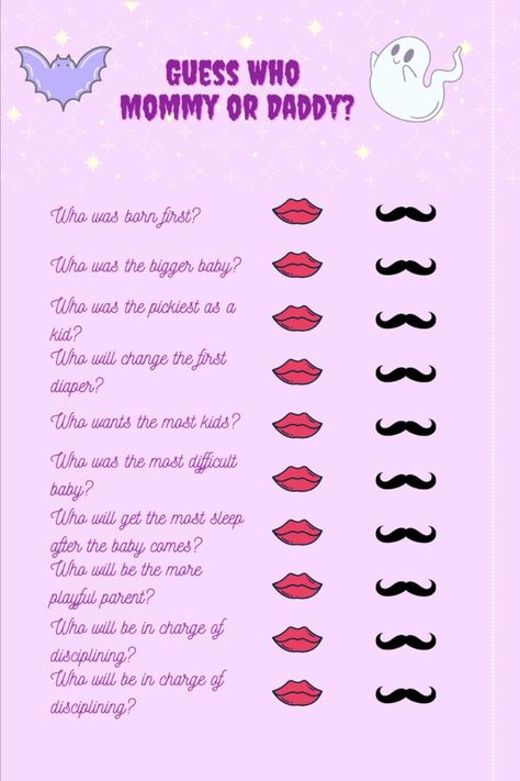 This is a purple baby shower game where guests guess Mommy or daddy for each question by circling either the lips or the moustach on the side. Baby Shower Games Halloween Theme, Spooky Baby Shower Ideas Girl, Halloween Themed Baby Shower Ideas, October Baby Shower Ideas, Halloween Baby Shower Games, Munchkin Time, Baby Shower Nails, October Baby Showers, Halloween Gender Reveal