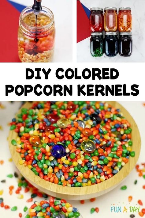 How to Dye Corn for Richly Colored Popcorn Kernels | Fun-A-Day! Diy Colored Popcorn, Food Coloring Popcorn, Dyed Popcorn, Discovery Table, Colored Corn, Rainbow Corn, Sensory Language, Rainbow Popcorn, Popcorn Seeds