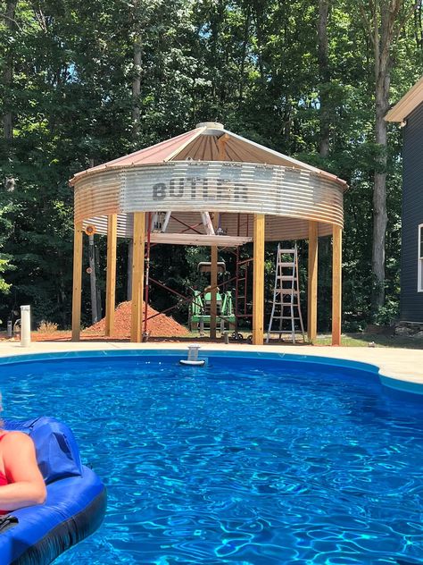 Grain Bin Gazebo By Pool, Grain Bin Pool, Grain Bin Gazebo, Bin Gazebo, Grain Bins, Gazebo With Fire Pit, House Improvement, Backyard Gazebo, Outdoor Gazebos