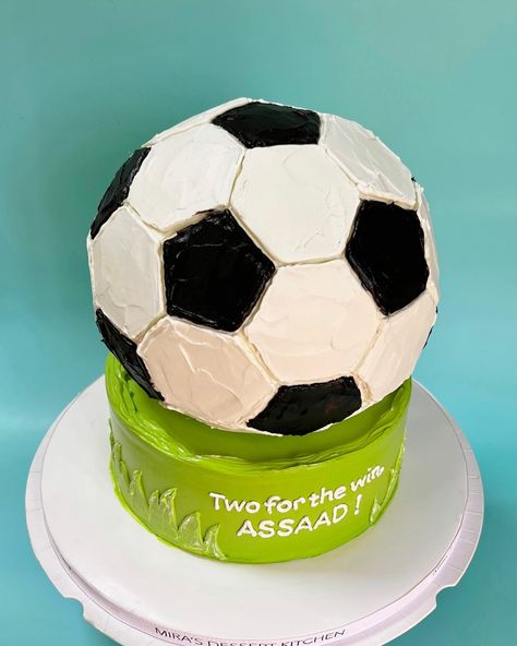 a soccer ball for the most special 2nd birthday🥳 This 2 tier (yes, the whole thing is cake 🌝) is made of layers of rich vanilla butter sponge, filled with a refreshing lemon curd and vanilla Swiss meringue buttercream 🍋 #buttercreamcakes #buttercreamfrosting #birthdaycakes #customcakes #soccer Meringue Buttercream, Swiss Meringue, Swiss Meringue Buttercream, Lemon Curd, Buttercream Cake, Buttercream Frosting, Custom Cakes, Meringue, Soccer Ball