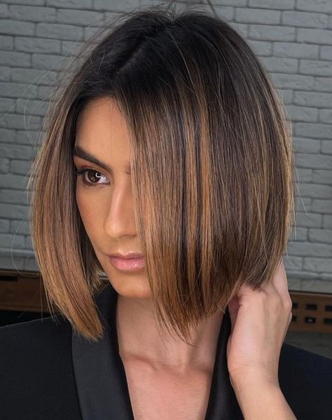 Short Straight Bob with Caramel Balayage Bob Balayage, Balayage Straight, Balayage Straight Hair, Short Brown Hair, Short Straight Hair, Short Hair Balayage, Trendy Hair Color, Balayage Brunette, Brown Hair With Highlights