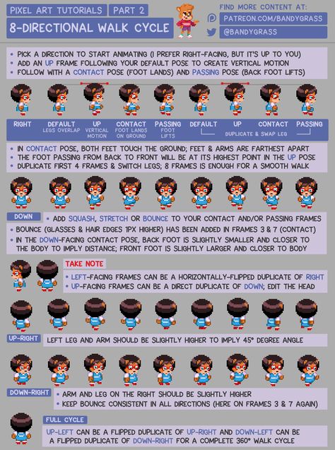 Official Post from Sandy Gordon: Here's Part 2 of the 8-Directional sprite tutorial! Animating in all 8 directions might seem like a daunting task, but hopefully following these steps makes it seem more manageable. =) Top Down Character Design, Pixel Top Down, How To Draw Pixel Art, Pixel Art Tutorial Step By Step, Pixel Animation Tutorial, Pixel Art Animation Tutorial, Pixel Art Eyes, Pixel Walk Cycle, Pixel Art Game Character