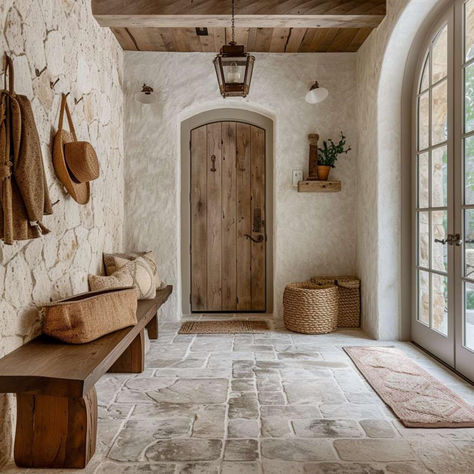 40 Mudrooms: Blending Rustic Simplicity with the Elegance of French Country Fairytale Style Home, Natural Entryway Decor, Cobblestone Mudroom, Rustic Kitchen Floor Tile, Italian Style Entryway, French Vintage Interior, Rustic French Country Kitchen Design, Tuscan Entryway Ideas, French Country Mudroom Ideas