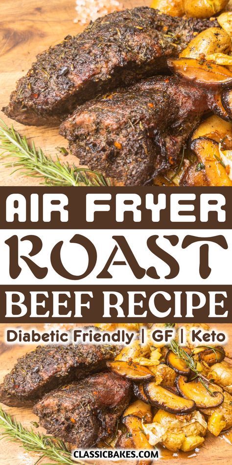 Air Fryer Roast Beef is a tender and moist sirloin tip roast dish, cooked with olive oil, a homemade spice blend, and air-frying without stove-searing. It's served with side dishes after resting. Top Sirloin Roast Recipe, Air Fryer Roast Beef, Sirloin Roast Recipes, Beef Sirloin Tip Roast, Air Fryer Roast, Roast Beef Recipe, Tip Roast, Chuck Roast Recipes, Sirloin Roast