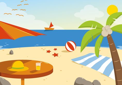 Summer Beach Vector Illustration Phoenix With Kids, Beach Vector, Beach Cartoon, Beach Drawing, Scene Drawing, Flag Painting, Summer Cartoon, Beach Illustration, Beach Background