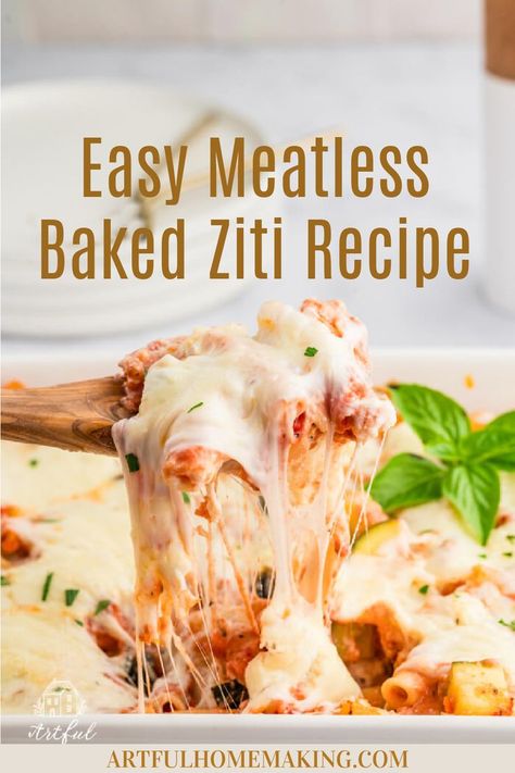 a wooden spoon removing meatless baked ziti from the pan right out of the oven Baked Ziti No Meat, Vegetarian Ziti, Baked Ziti Vegetarian, Vegetarian Baked Ziti, Classic Baked Ziti Recipe, Meatless Baked Ziti, Classic Baked Ziti, Spaghetti Casserole Recipe, Ziti Recipe