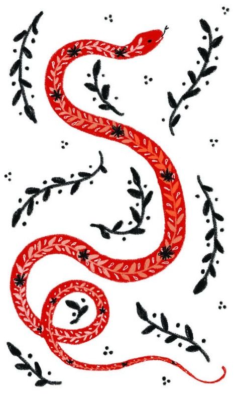 Folk Animal Art, Beezlebub Tattoo, Snake Art Print, Red Snake Drawing, Snake Folk Art, Folk Art Snake, Snake Flower, Snake Painting, Red Illustration