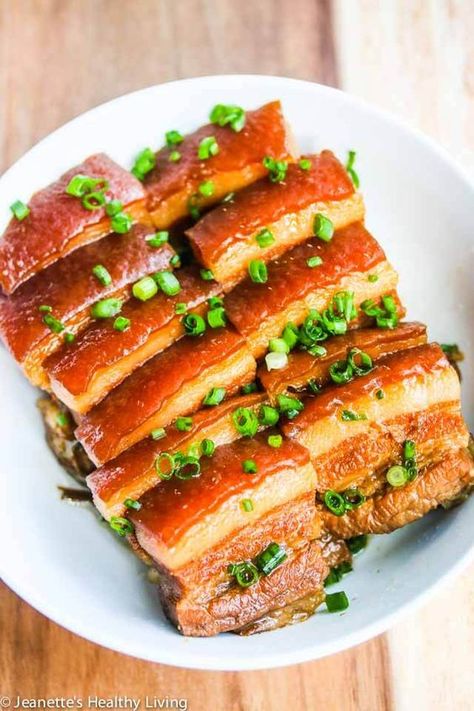 Chinese Five Spice Pork Belly - I make this for special occasions and it always receives rave reviews. Serve with steamed Chinese buns, hoisin sauce and sliced cucumbers for an appetizer ~ http://jeanetteshealthyliving.com Chinese Five Spice Pork, Chinese Pork Belly Recipe, Recipes With Hoisin Sauce, Chinese Pork Belly, Five Spice Pork, Chinese Five Spice, Pork Belly Slices, Chinese Pork, Braised Pork Belly