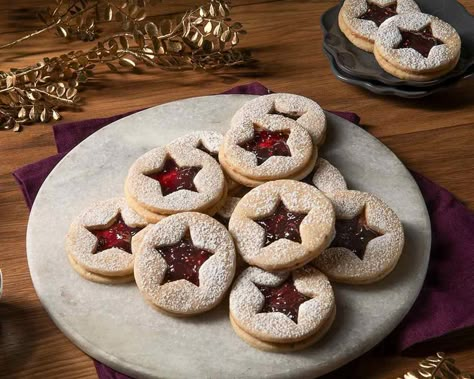 Buttery, crisp star shaped cookies sandwiched with raspberry jam. Sandwich Shapes, Empire Cookie, 24 Days Of Christmas, Art After Dark, Star Shaped Cookies, Great Vegan Recipes, Christmas Baking Cookies, Linzer Cookies, Jam Cookies