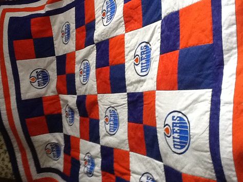 Oiler Hockey Quilt, Western Quilts, Crochet Quilts, Sports Quilts, Edmonton Oilers Hockey, Boys Hockey, Oilers Hockey, Simple Quilts, Half Square Triangle Quilts