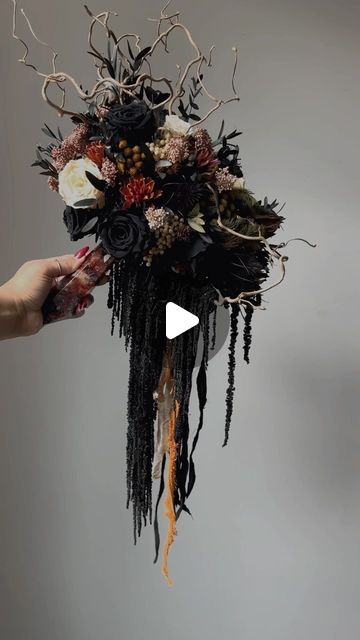 Veronica Franklin // Woodinville, WA on Instagram: "Bouquet Restock: Friday the 23rd at 9AM PST 🤠🤎 Many more will be posted tomorrow, but for now enjoy this beautiful cascading bouquet with a Fire Quartz Crystal Handle 🥳

#crystalbouquet #witchywedding #darkwedding #gothwedding #flowers #crystals #crystalwedding #burnablebouquet #weddingflowers #driedflowers #bridalbouquet #kirkland #alternativewedding  #ronniefloweer #weepingwreath #gothflorist #gothflowers #witchyflowers #witchyflorist" Holly Wedding, Cascading Bouquet, Cascading Wedding Bouquets, Crystal Bouquet, Fire Quartz, Romantic Wedding Inspiration, Goth Wedding, Dark Wedding, Alternative Bride