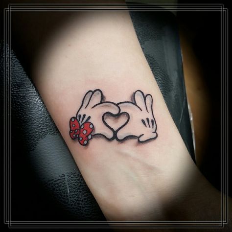 Stitched Up Heart Tattoo, Disney Couples Tattoos, Heart Hands Tattoo, Miky Mouse Tattoo, Matching Mickey Tattoos, Mickey Minnie Tattoo, Mickey Mouse Matching Tattoos, Mickey And Minnie Tattoos Couples, Mickey And Minnie Tattoo