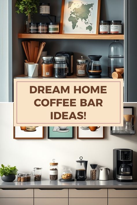 Discover how to create your dream home coffee bar with these fun and inspiring ideas! This pin showcases various coffee bar setups, from travel-inspired themes to coffee-themed artwork. Get ready to elevate your coffee experience at home and become your own barista. 2 images used from alts. Home Coffee Bar Ideas, Coffee Bar Ideas, Home Coffee Bar, Brewed Coffee, Coffee Corner, Coffee Station, Home Coffee, Travel Inspired, Bar Ideas