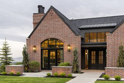 Black Windows on Red Brick Home Add Design Interest Black Trim Exterior House, Brown Brick Exterior, Red Brick House Exterior, Red Brick Exteriors, Brick Houses, Elegant Doors, Brown Brick, Add Design, Red Brick House