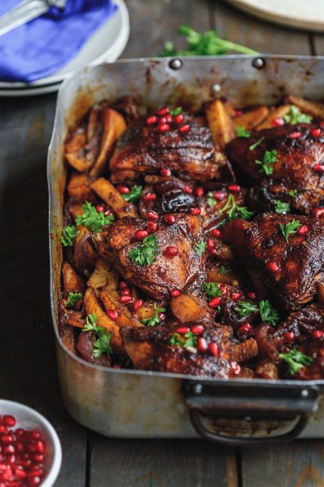 One Pan Pomegranate Molasses Chicken And Potatoes | Olive & Mango Rosy Hashanah Recipes, Sukkot Meals, Pomegranate Molasses Chicken, Molasses Chicken, Primal Gourmet, Rosh Hashanah Recipes, Slow Cooker Brisket, Matzo Ball, Honey Glazed Chicken