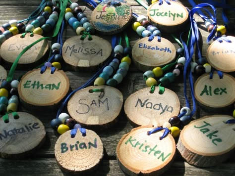 name tags, we did this for our Day Camp and the girls LOVED them.  Still have mine. Name Tag Craft, Scout Name, Name Tag Ideas, Theatre Camp, Beaver Scouts, Camp Vbs, Cub Scout Crafts, Survivor Party, Summer Camp Activities