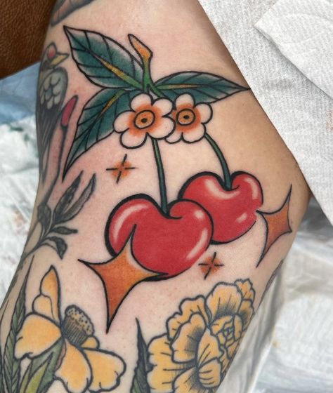 Cute cherry tattoo Cherry American Traditional Tattoo, American Traditional Cherry Tattoo, Cherry Tattoo Traditional, Cute Cherry Tattoo, Traditional Cherry Tattoo, Small Cherry Tattoo, Dainty Tats, Silverton Oregon, Cherry Tattoo