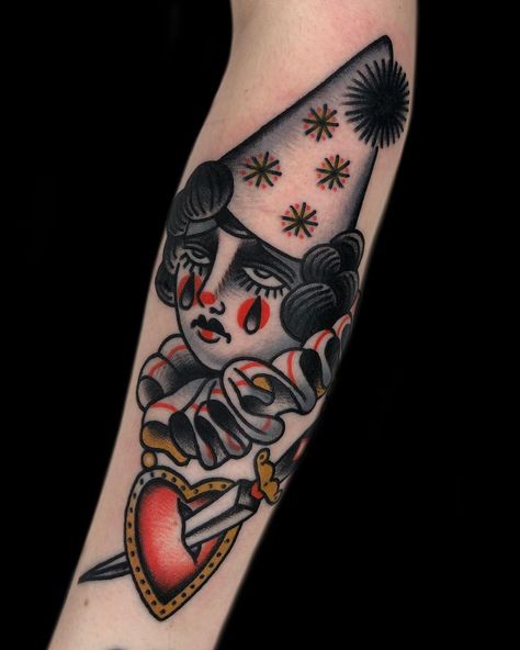 #AARONFRANCIONE #TATTOO #traditionaltattoo #clown #pierrot #tears #Commediadell'arte #heart #vintage #circus #theater #masquerade Circus Themed Tattoo, Pierrot Clown Tattoo, Pierrot Tattoo, Clown Tattoo Traditional, Circus Flash Tattoo, American Traditional Clown Tattoo, Clown Traditional Tattoo, American Traditional Clown, Traditional Clown Tattoo