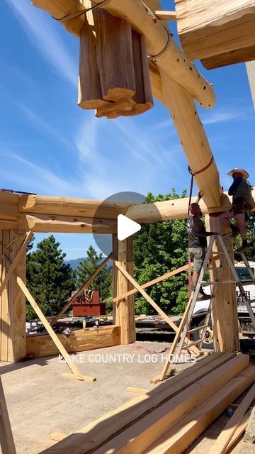 Lake Country Log Homes - LCLH on Instagram: "Construction progress of a Post and Beam Home built with Western Red Cedar Logs. The video shows the log crafting and peeling, setting up the log structure and progress of the entry area and living room that is partially finished.  #customhomes #handcraftedhome #dreamhome #loghome #loghomes #loghouse #logcabin #chalet #timberhome #blockhaus #buildingyourdreamfromnature #customhomebuilder #customhomedesign #mountainhome" Post And Beam Construction, Entry Area, Post And Beam Home, Cedar Log, Timber House, Log Home, Post And Beam, Custom Home Designs, Mountain Home