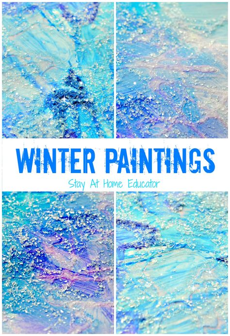 'Tis the season for winter themes in preschool, and these mixed medium winter paintings by Stay At Home Educator are perfect for young toddlers as well as older preschoolers and kindergartners. Winter Process Art, Winter Theme Preschool, Winter Paintings, January Crafts, Snow Theme, Winter Art Projects, Winter Preschool, Winter Crafts For Kids, Winter Painting