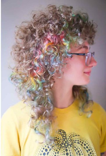 Bright Curly Hair Color Ideas, Multicolored Curly Hair, Multi Dyed Hair, Curly Multicolored Hair, Fashion Color Curly Hair, Curly Pastel Hair, Multi Colored Curly Hair, Multicolor Curly Hair, Vivid Curly Hair