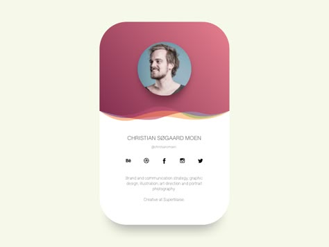 @welovewebdesign account on Instagram announced a little competition, where you shall design a profile card. This is my contribution. Profile Card Ui, Profile Ui, Music Player Design, Id Card Design, Card Ui, Mobile App Design Inspiration, Ui Design Website, Id Design, Digital Business Card