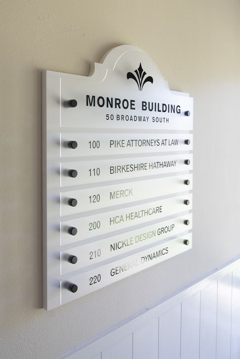 We make beautiful, building directories.  Take a look at our pricing. We will work with you thru the design process adding or removing panels.  Stanworth Sign Co. Lobby Directory Signage, Building Directory Signage, Office Directory Signage, Directory Signage Design, Name Board Design, Directory Signage, Directory Signs, Dentist Office Design, Signage Board