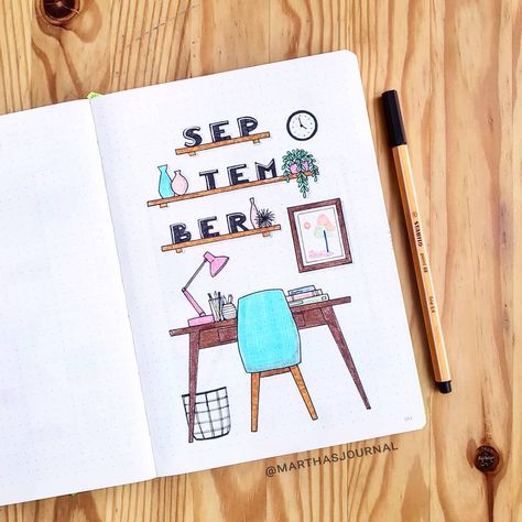 Martha's journal on Instagram: “Finally posting my September cover! Since it's back to school time I chose a desk theme! 📚 • • • • #bulletjournal #bujo #bulletjournaling…” September Bullet Journal, Bullet Journal September, My September, Bullet Journal Cover Page, Bullet Journal Cover Ideas, Bullet Journal Paper, Bullet Journal Aesthetic, Bullet Journal Notebook, Bullet Journal School