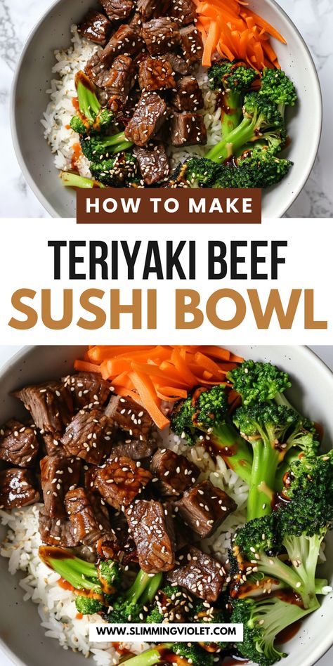 Looking for a savory bowl that’s both festive and filling? My teriyaki beef sushi bowl has a rich, delicious glaze that makes it a perfect holiday meal idea. Save this pin for an easy dinner that feels extra special! Teriyaki Beef Bowl Recipe, Beef Teriyaki Bowl, Teriyaki Beef Bowl, Sushi Bowl Recipes, Teriyaki Bowl Recipe, Sushi Rice Bowl, Deconstructed Sushi, Tofu Sushi, Chicken Sushi