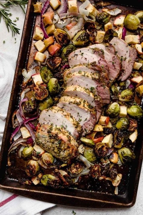 One-Pan Pork Loin with Brussels & Apples | Weeknight meals don’t have to be complicated or involve every. dish. in. kitchen. when they’re as simple as this One-Pan Pork Loin with Brussels and Apples! Delicious and whole30 approved! || The Real Food Dieitians #onepan #easydinnerrecipes #whole30recipes #healthydinner #therealfoodrds Real Food Dietitians, Lean Pork, Pan Recipes, Sheet Pan Dinners, Favorite Side Dish, Sheet Pan Recipes, Pork Loin, Whole 30 Recipes, Weeknight Meals