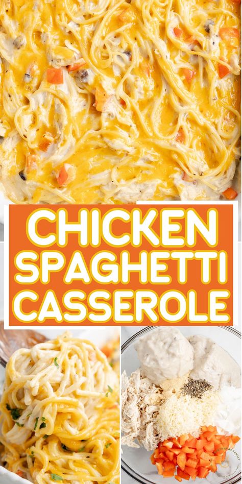 This easy cheesy Chicken Spaghetti Casserole combines tender chicken and spaghetti in a cheesy and creamy sauce. It's a family favorite casserole, the ultimate comfort food, and an easy prep recipe for busy nights. Chicken Spaghetti Casserole Pioneer Woman, Million Dollar Chicken Spaghetti Casserole, Chicken Spaghetti No Rotel, Quick Easy Dinner With Chicken, Chicken And Spaghetti Casserole, Chicken Spaghetti For A Large Crowd, Dreamy Spaghetti Casserole, Chicken Spaghetti Casserole Velveeta, Velvet Chicken Spaghetti