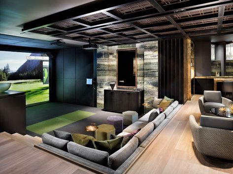 Kim Lambert Design Home Golf Simulator, Modern Media Room, Golf Simulator Room, Golf Room, Home Theater Room Design, Theater Room Design, Golf Simulator, Home Cinema Room, Stunning Hotels